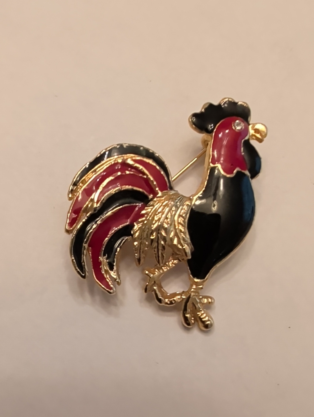 Gold-Tone Rooster Enamel Brooch - Black & Pink